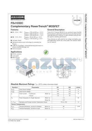 FDJ1032C datasheet - Complementary PowerTrench MOSFET
