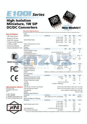 E104I datasheet - High Isolation Miniature, 1W SIP DC/DC Converters