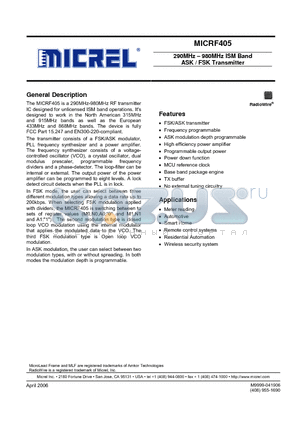 MICRF405 datasheet - 290MHz-980MHz ISM Band ASK / FSK Transmitter
