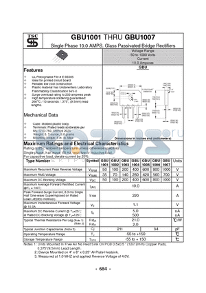 GBU1003 datasheet - Single Phase 10.0 AMPS. Glass Passivated Bridge Rectifiers