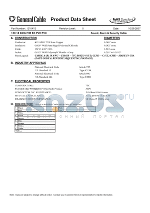 E1041S datasheet - 12C 18 AWG 7/26 BC PVC PVC Sound, Alarm & Security Cable