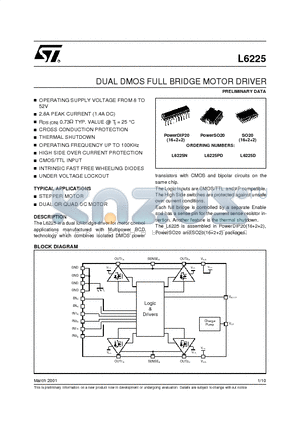 L6225PD datasheet - DUAL DMOS FULL BRIDGE MOTOR DRIVER