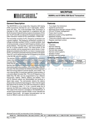 MICRF505 datasheet - 868MHz and 915MHz ISM Band Transceiver