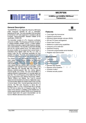 MICRF506BML datasheet - 410MHz and 450MHz ISM Band Transceiver