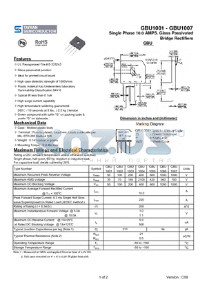 GBU1006 datasheet - Single Phase 10.0 AMPS. Glass Passivated Bridge Rectifiers