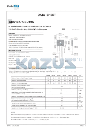 GBU10A datasheet - GLASS PASSIVATED SINGLE-PHASE BRIDGE RECTIFIER(VOLTAGE - 50 to 800 Volts CURRENT - 10.0 Amperes)