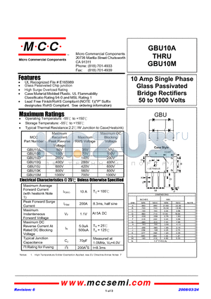 GBU10A-BP datasheet - 10 Amp Single Phase Glass Passivated Bridge Rectifiers 50 to 1000 Volts