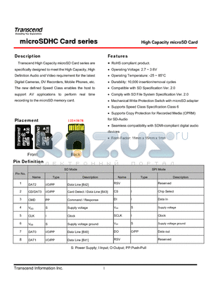 MICROSDHC datasheet - High Capacity microSD Card