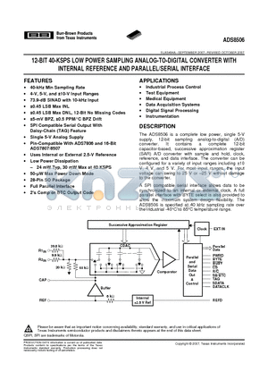 ADS8506IDW datasheet - 12-BIT 40-KSPS LOW POWER SAMPLING ANALOG-TO-DIGITAL CONVERTER WITH INTERNAL REFERENCE AND PARALLEL/SERIAL INTERFACE