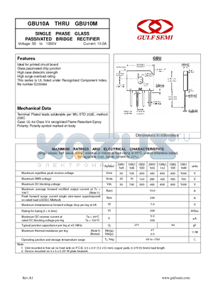 GBU10D datasheet - SINGLE PHASE GLASS PASSIVATED BRIDGE RECTIFIER Voltage: 50 to 1000V Current: 10.0A