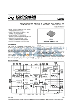 L6238 datasheet - SENSORLESS SPINDLE MOTOR CONTROLLER