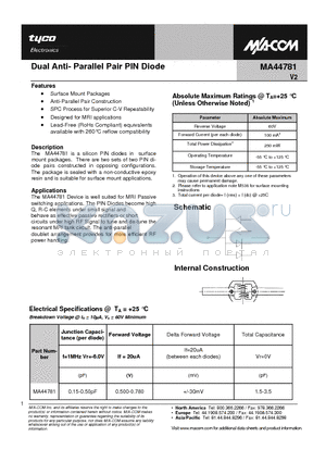 MA44781 datasheet - Dual Anti- Parallel Pair PIN Diode