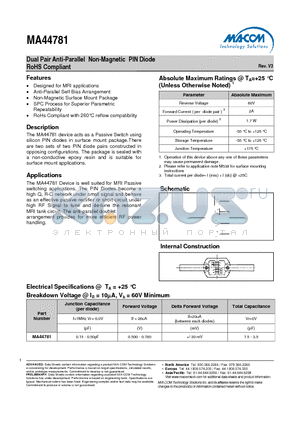 MA44781 datasheet - Dual Pair Anti-Parallel Non-Magnetic PIN Diode RoHS Compliant