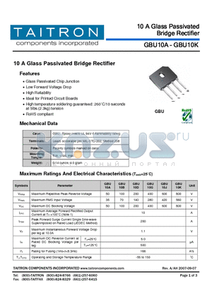 GBU10J datasheet - 10 A Glass Passivated Bridge Rectifier
