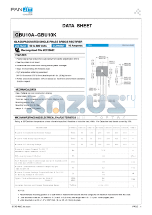 GBU10K datasheet - GLASS PASSIVATED SINGLE-PHASE BRIDGE RECTIFIER