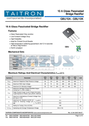 GBU10K datasheet - 10 A Glass Passivated Bridge Rectifier