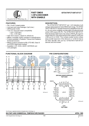 IDT54FCT138ATP datasheet - FAST CMOS 1-OF-8 DECODER WITH ENABLE