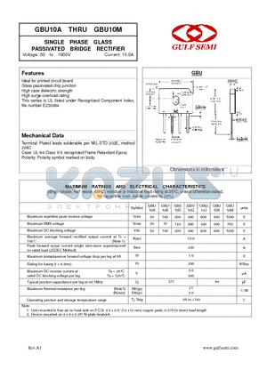 GBU10M datasheet - SINGLE PHASE GLASS PASSIVATED BRIDGE RECTIFIER Voltage: 50 to 1000V Current: 10.0A