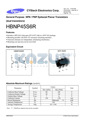 HBNP45S6R datasheet - General Purpose NPN / PNP Epitaxial Planar Transistors (dual transistors)