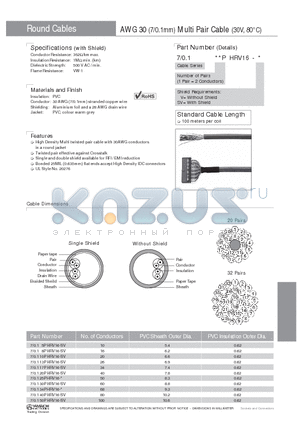 7/0.125PHRV16-SV datasheet - AWG 30 (7/0.1mm) Multi Pair Cable (30V, 80`C)