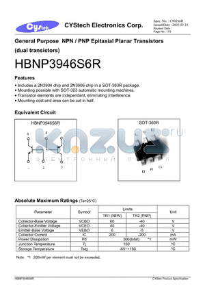 HBNP3946S6R datasheet - General Purpose NPN / PNP Epitaxial Planar Transistors