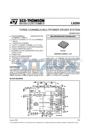 L6280 datasheet - THREE CHANNELS MULTIPOWER DRIVER SYSTEM