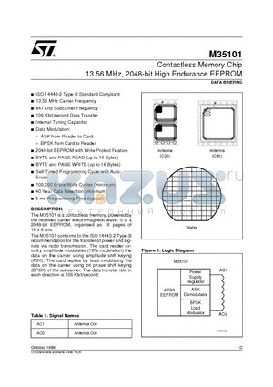 M35101-C20 datasheet - Contactless Memory Chip 13.56 MHz, 2048-bit High Endurance EEPROM