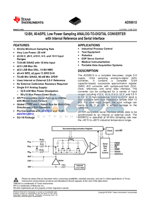 ADS8512 datasheet - 12-Bit, 40-kSPS, Low Power Sampling ANALOG-TO-DIGITAL CONVERTER with Internal Reference and Serial Interface