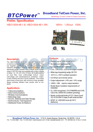 HBO100A-48-1.8N datasheet - 48Vin 1.8Vout 100A