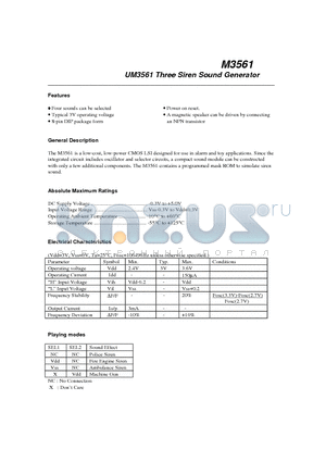 M3561 datasheet - UM3561 Three Siren Sound Generator