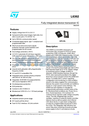 L6362 datasheet - Fully integrated device transceiver IC