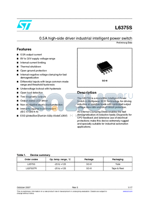 L6375S datasheet - 0.5A high-side driver industrial intelligent power switch