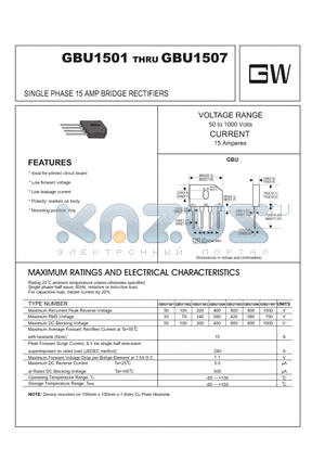 GBU1503 datasheet - SINGLE PHASE 15 AMP BRIDGE RECTIFIERS