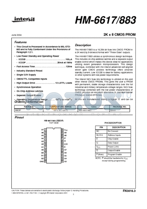 HM-6617/883 datasheet - 2K x 8 CMOS PROM