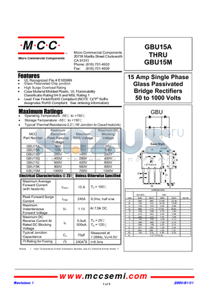 GBU15A-BP datasheet - 15 Amp Single Phase Glass Passivated Bridge Rectifiers 50 to 1000 Volts