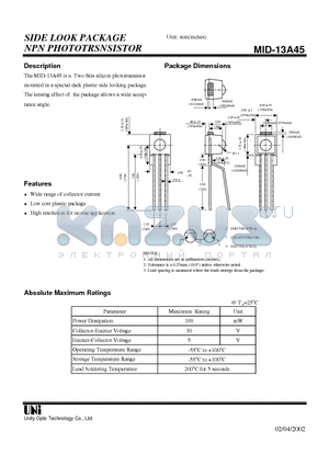 MID-13A45 datasheet - SIDE LOOK PACKAGE NPN PHOTOTRSNSISTOR