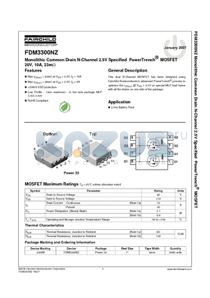 FDM3300NZ datasheet - Monolithic Common Drain N-Channel 2.5V Specified PowerTrench^ MOSFET 20V, 10A, 23mY