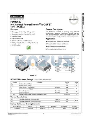 FDM3622_07 datasheet - N-Channel PowerTrench^ MOSFET 100V, 4.4A, 60mY