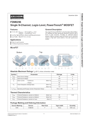 FDM6296 datasheet - Single N-Channel, Logic-Level, PowerTrench MOSFET