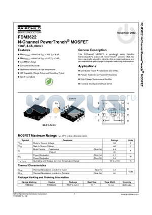 FDM3622_12 datasheet - N-Channel PowerTrench^ MOSFET 100V, 4.4A, 60mY