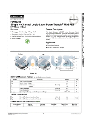 FDM6296 datasheet - Single N-Channel Logic-Level PowerTrench^ MOSFET 30V,11.5A, 10.5mY