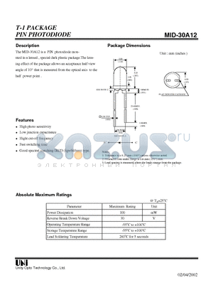 MID-30A12 datasheet - T-1 PACKAGE PIN PHOTODIODE