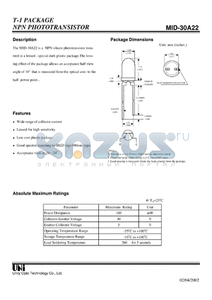 MID-30A22 datasheet - T-1 PACKAGE NPN PHOTOTRANSISTOR