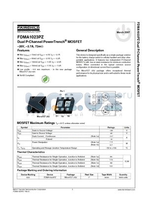 FDMA1023PZ datasheet - Dual P-Channel PowerTrench MOSFET -20V, -3.7A, 72mohm
