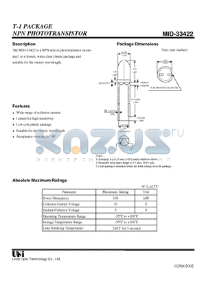 MID-33422 datasheet - T-1 PACKAGE NPN PHOTOTRANSISTOR