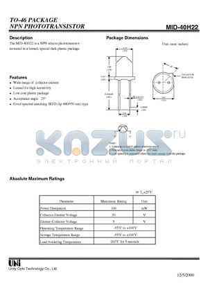 MID-40H22 datasheet - TO-46 PACKAGE NPN PHOTOTRANSISTOR