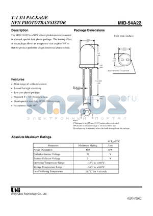 MID-54A22 datasheet - T-1 3/4 PACKAGE NPN PHOTOTRANSISTOR