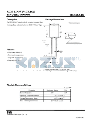 MID-85A1C datasheet - SIDE LOOK PACKAGE PIN PHOTODIODE