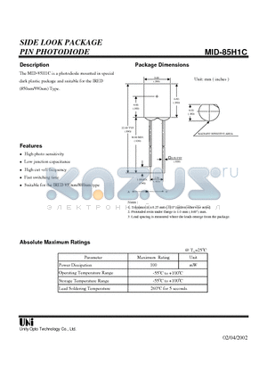 MID-85H1C datasheet - SIDE LOOK PACKAGE PIN PHOTODIODE