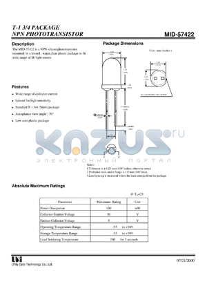 MID-57422 datasheet - T-1 3/4 PACKAGE NPN PHOTOTRANSISTOR